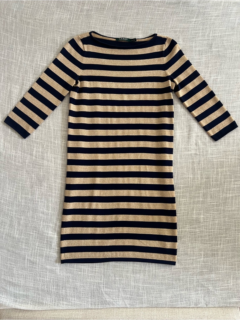 LRL Ralph Lauren Metallic Navy and Gold Striped Midi Dress
